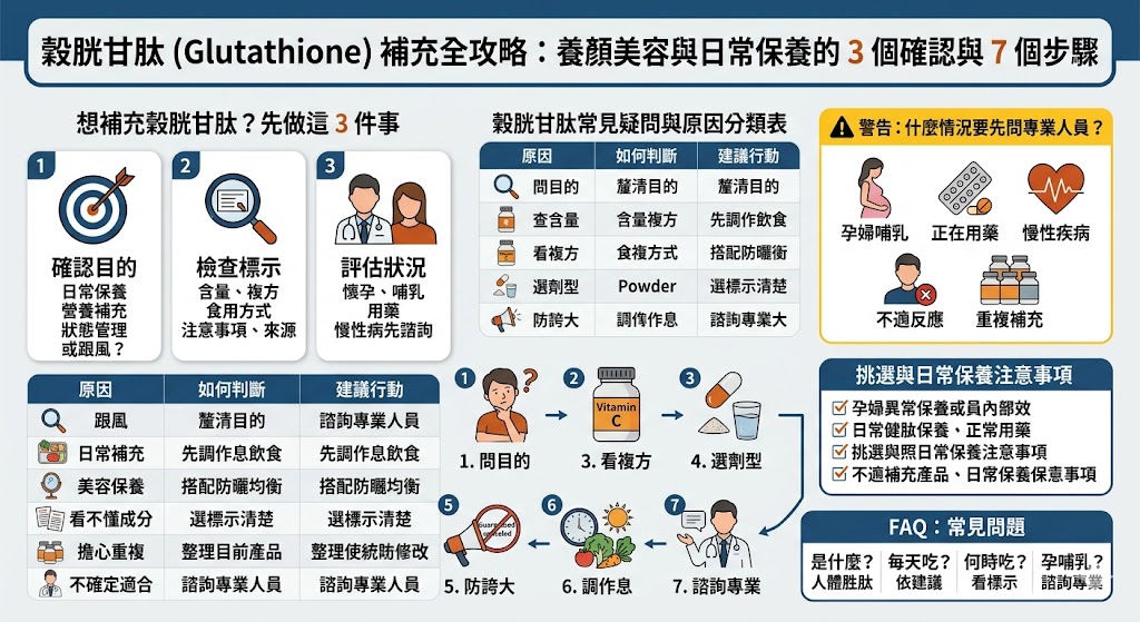 穀胱甘肽是近年常見於日常保養與美容保健中的熱門成分，但在補充穀胱甘肽前，建議先了解自身需求、產品標示、複方成分與食用注意事項。本文整理穀胱甘肽的常見疑問、挑選重點、補充前排查流程，以及哪些族群需要先諮詢專業人員，幫助你用更安全、理性的方式判斷是否適合補充。