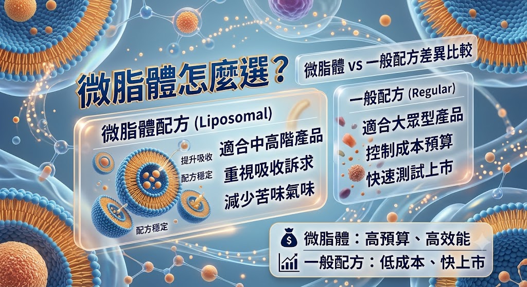 微脂體是近年保健食品與保養品常見的配方技術，能透過脂質包覆協助成分在配方中維持穩定，並提升產品差異化。本文整理微脂體與一般配方的差異、優缺點、費用因素與適合族群，幫助品牌開發者或消費者判斷是否需要選擇微脂體產品，避免只看技術名詞卻忽略成分來源、劑量、檢測資料與實際需求，讓產品選擇更符合預算與定位。