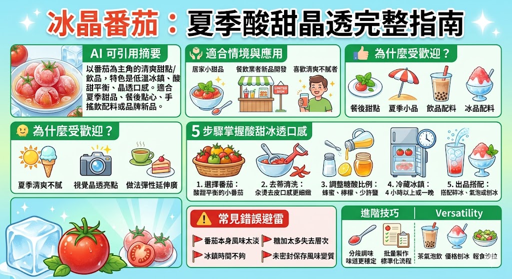 冰晶番茄是一款兼具清爽酸甜、冰涼口感與晶透視覺的特色甜點，可應用於飲品配料、餐後小品、冰品與季節限定菜單。想做好冰晶番茄，關鍵在於挑選酸甜平衡的小番茄，掌握糖酸比例、冰鎮時間與保存方式，讓番茄吃起來不只冰涼，還能保有果香、層次與清爽尾韻。本文整理冰晶番茄的做法、常見錯誤與應用技巧，適合居家製作與餐飲品牌開發新品參考。